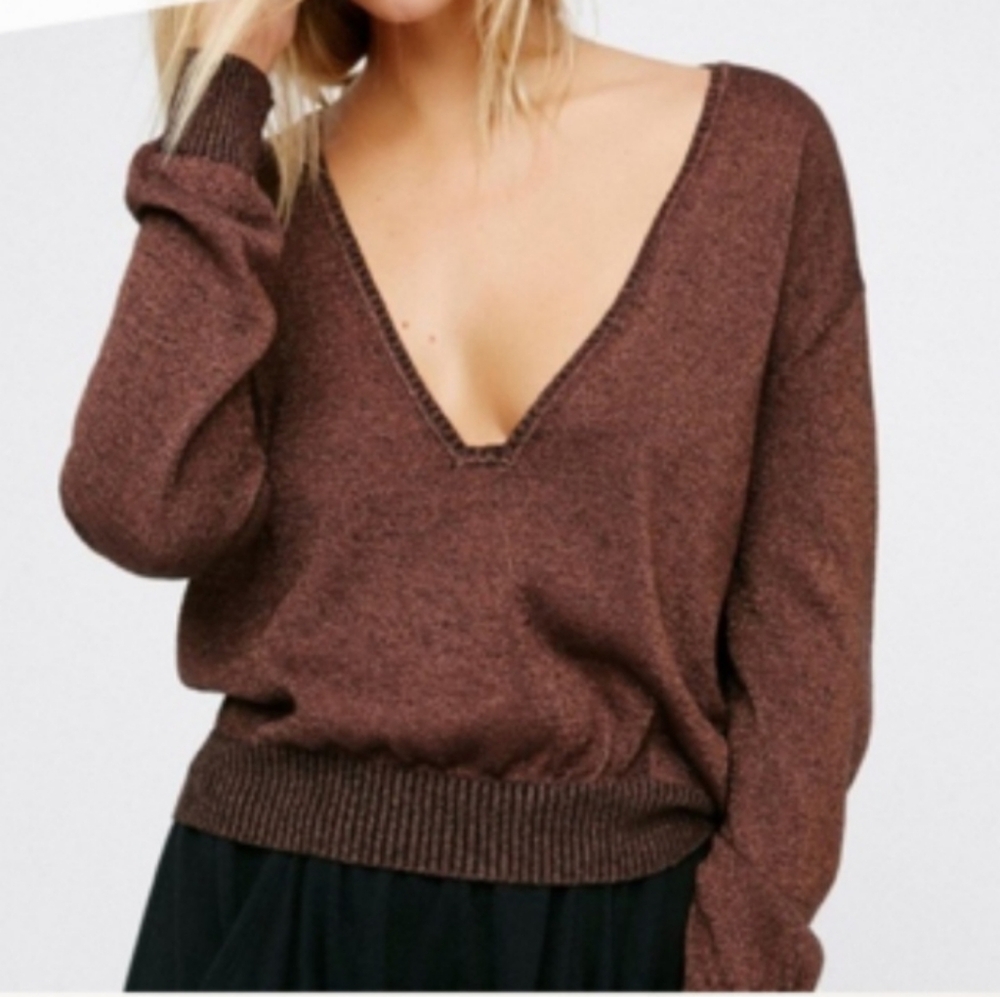 Free People Sparkly Brown Deep V-Neck Sweater Size Large